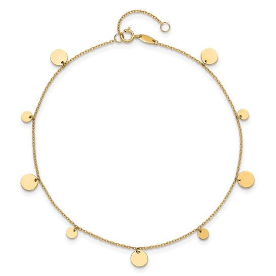 14K Y Gold Ankle Bracelet with Dangling Discs - Walter Bauman Jewelers