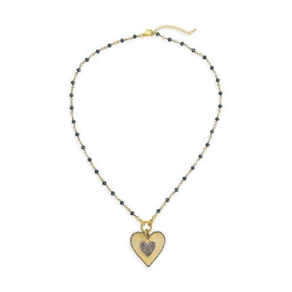 Brass YGP CZ 24" Beaded Necklace with Heart Pendant - Walter Bauman Jewelers