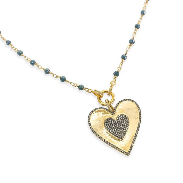 Brass YGP CZ 24" Beaded Necklace with Heart Pendant - Walter Bauman Jewelers