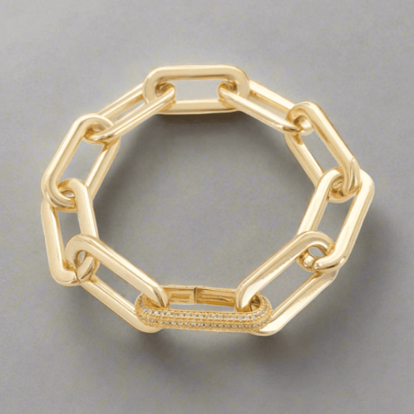 Brass YGP Oversized Paperclip Bracelet with Pave CZ Rectangular Clasp - Walter Bauman Jewelers