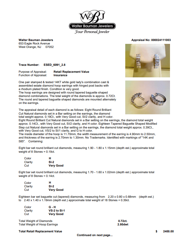 Estate 14K W Gold 0.72ctw G-H/VS2-SI2 Diamond Hoop Earrings - Walter Bauman Jewelers