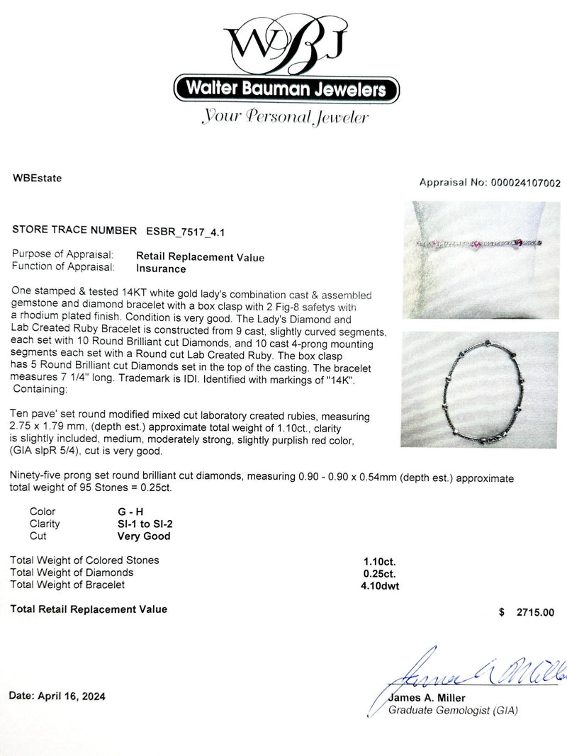 Estate 14K W Gold 1.10ctw Lab Ruby & 0.25ctw G-H/SI1-2 Diamond Bracelet - Walter Bauman Jewelers