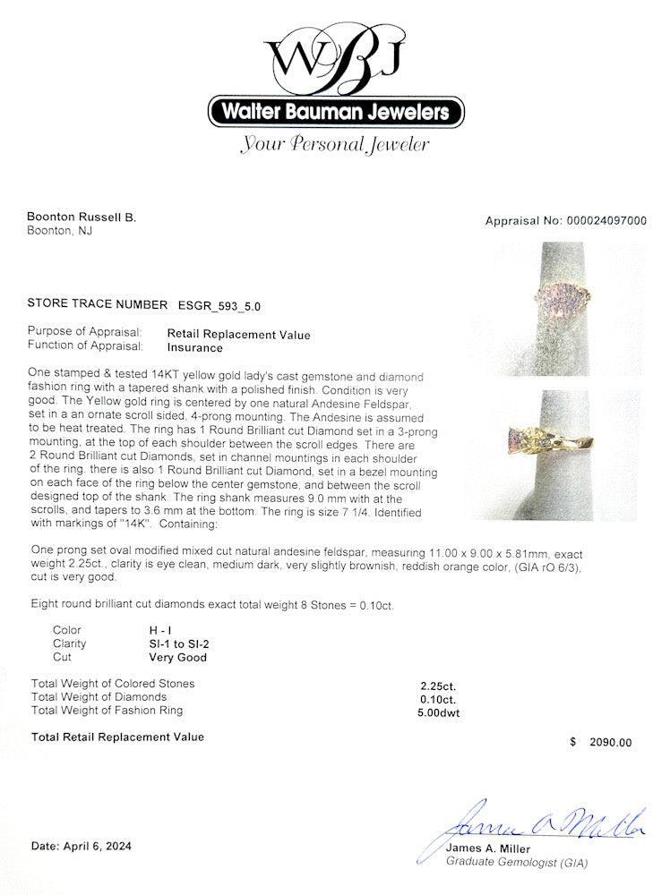 Estate 14K Y Gold 2.25ct Feldspar & 0.10ctw H-I/SI1-2 Diamond Ring - Walter Bauman Jewelers