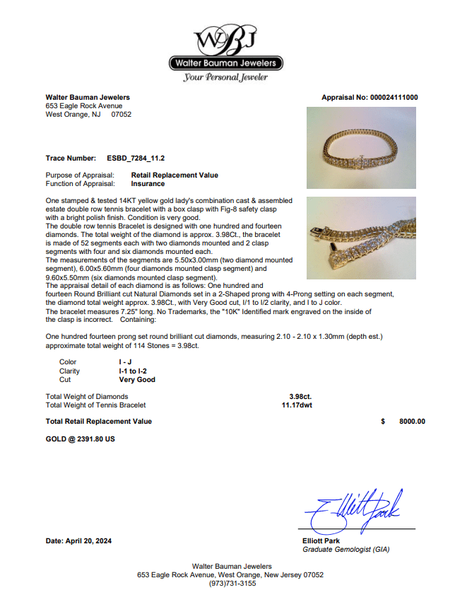 Estate 14K Y Gold 3.98ctw I-J/I1-2 Diamond Double Row Tennis Bracelet - Walter Bauman Jewelers