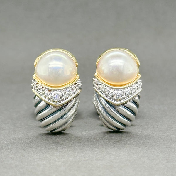Estate David Yurman SS Two Tone Capri Pearl & Diamond Earrings - Walter Bauman Jewelers