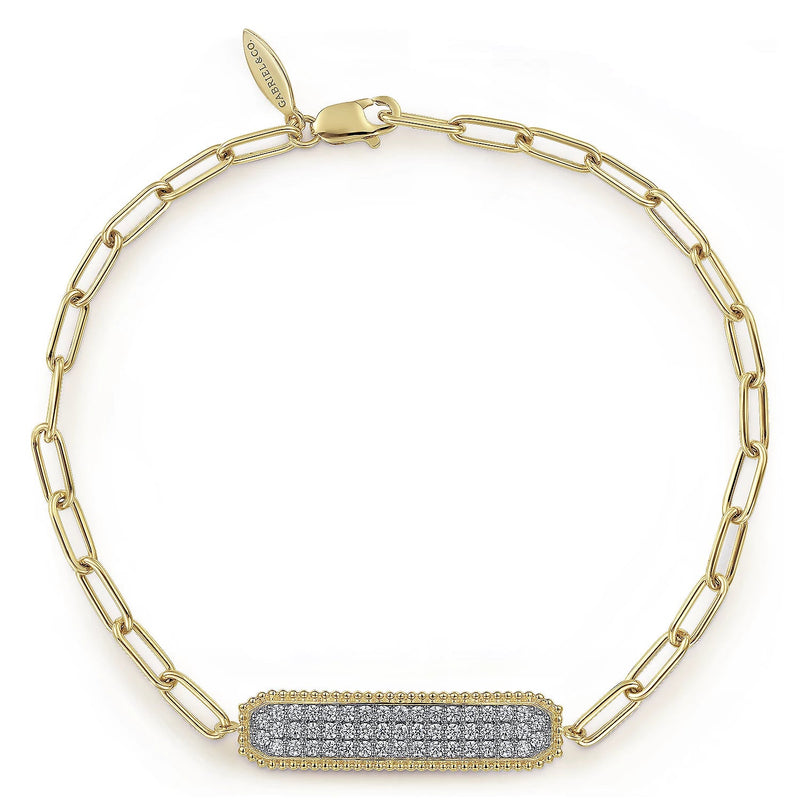 14K Y Gold 0.65cttw Diamond Pave' Wide Bar Hollow Chain Bracelet - Walter Bauman Jewelers