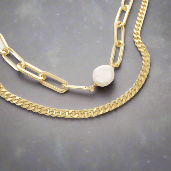 Brass YGP Baroque Pearl With Paperclip, Half Curb Chain Necklace - Walter Bauman Jewelers