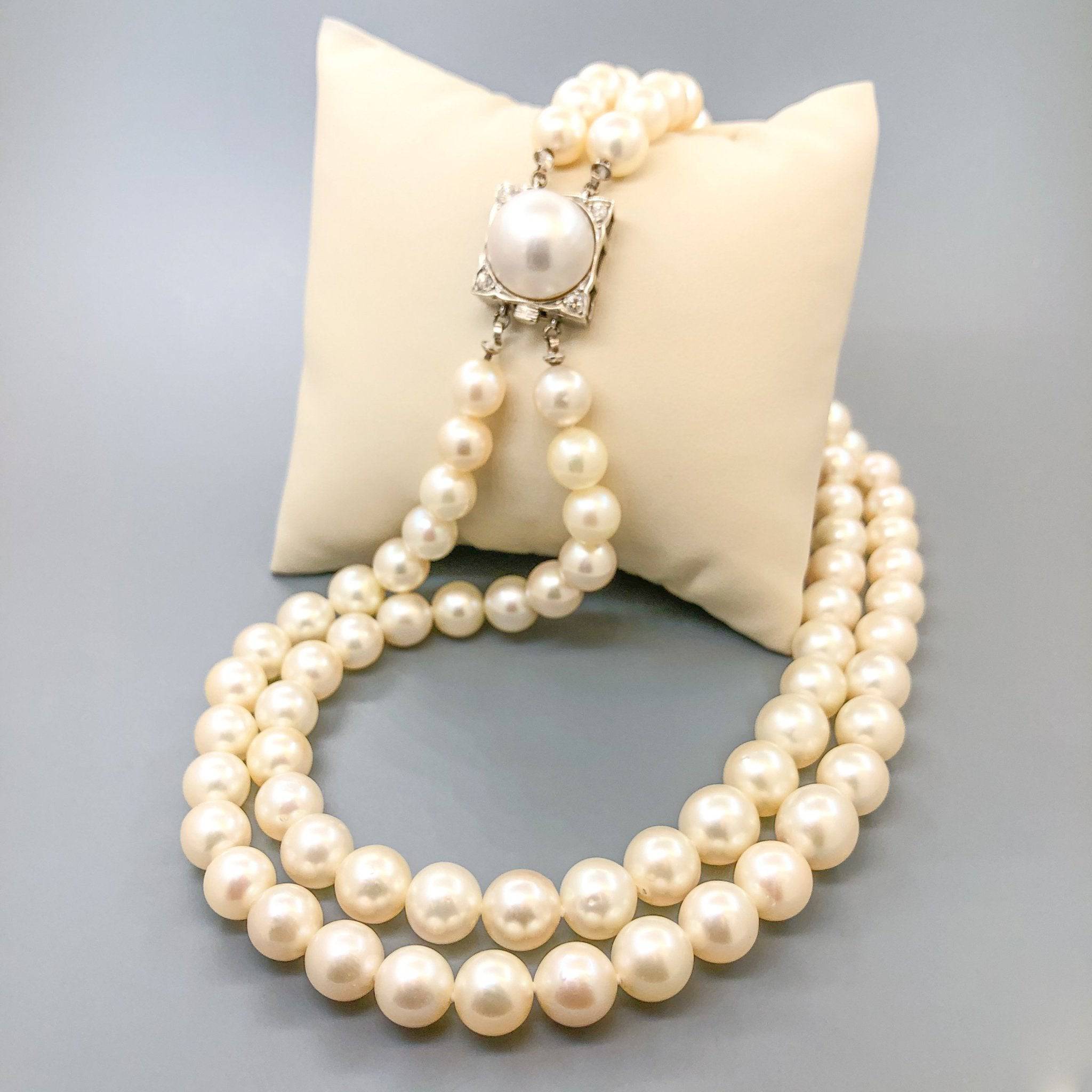 Estate 14K W Gold 16 8-10mm Double Strand Mabe Cultured Pearl Necklace