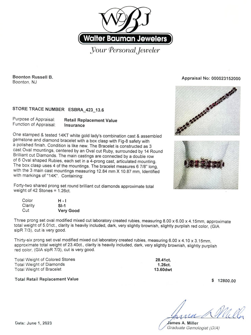 Estate 14K W Gold 28.41cttw Lab-Created Ruby & 1.26cttw H-I/SI1 Diamond Bracelet - Walter Bauman Jewelers