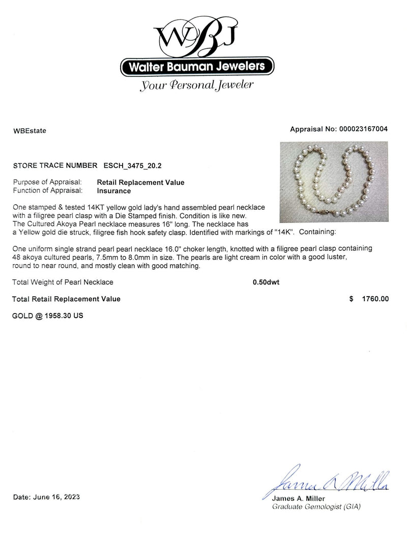 Estate 14K Y Gold 7.5-8mm Akoya Pearl 16" Necklace - Walter Bauman Jewelers