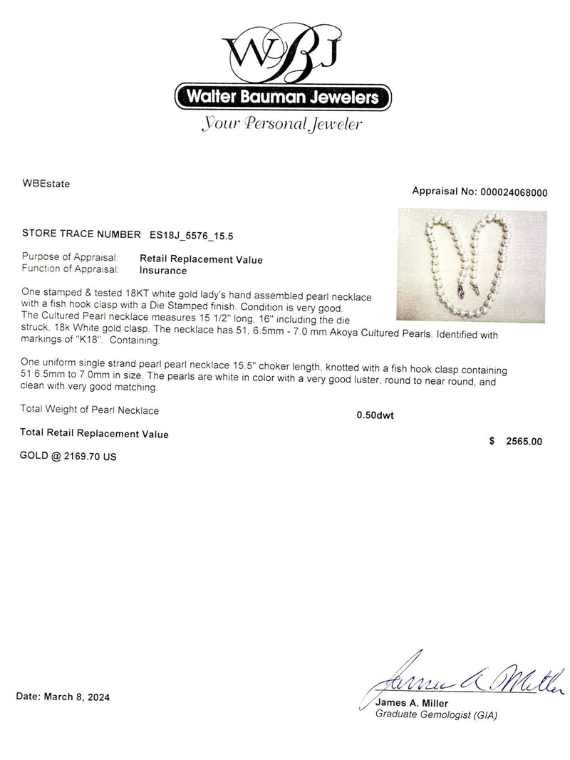 Estate 18K W Gold 16” 6.5-7.0mm Akoya Pearl Necklace - Walter Bauman Jewelers