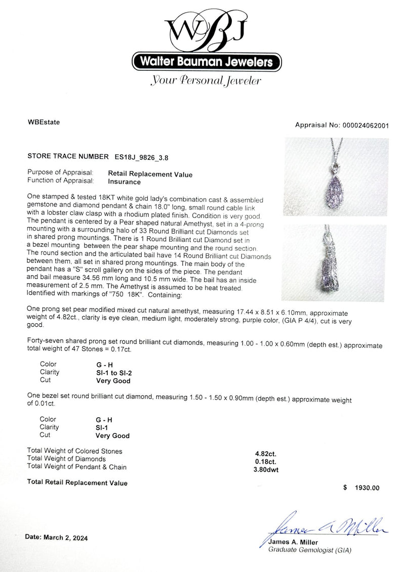 Estate 18K W Gold 4.82ct Amethyst & 0.18ctw G-H/SI1-2 Diamond Pendant - Walter Bauman Jewelers