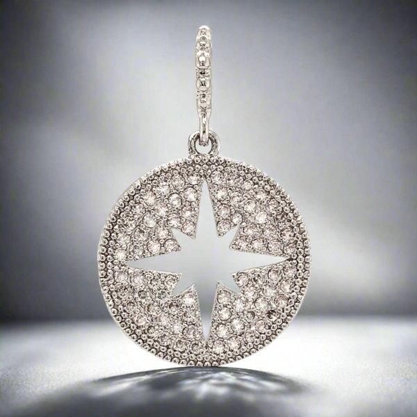 Rhodium Plated Over Brass CZ Circle Pendant with Starburst Cutout. - Walter Bauman Jewelers