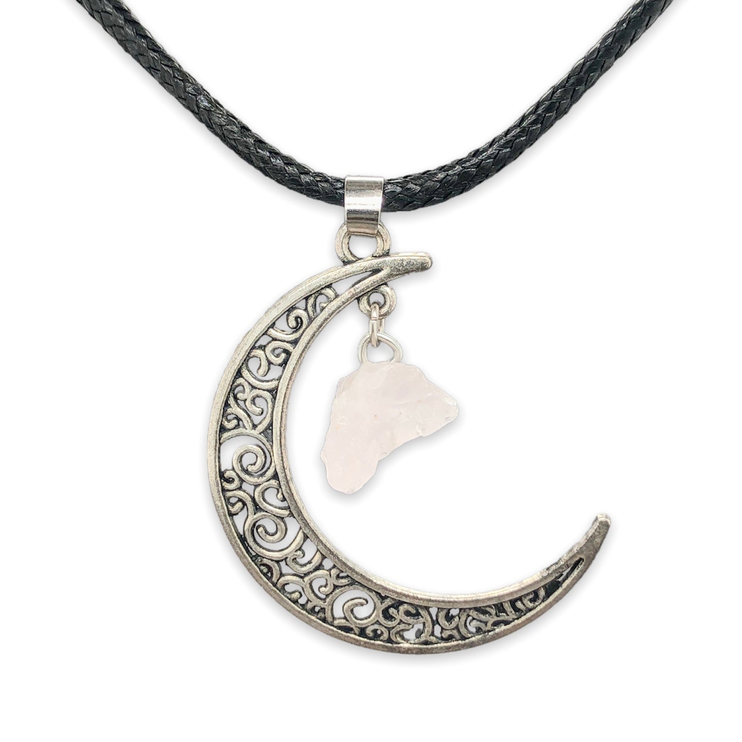 Silver Plate Rose Quartz & Black Leather Moon Necklace | Walter