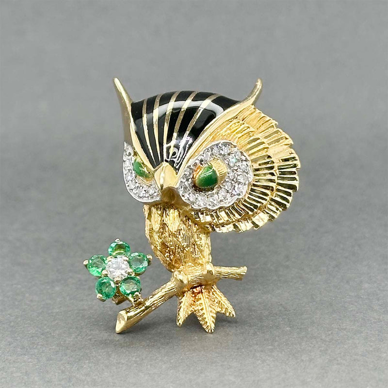 Estate 18K Y Gold 0.35ctw Emerald & 0.36ctw Diamond Owl Pin