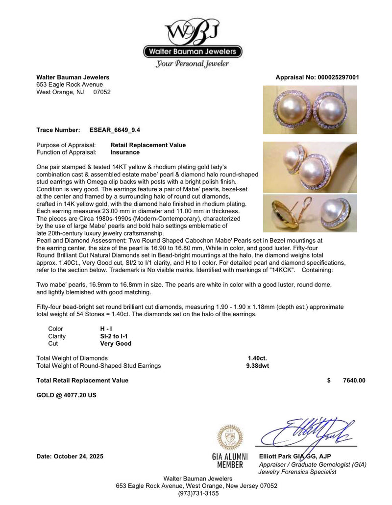 Estate 14K Y Gold Mabe Pearl & 1.40ctw Diamond Button Earrings