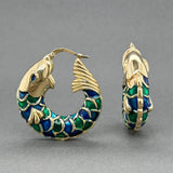 Estate 18K Y Gold Enamel Fish Hoop Earrings