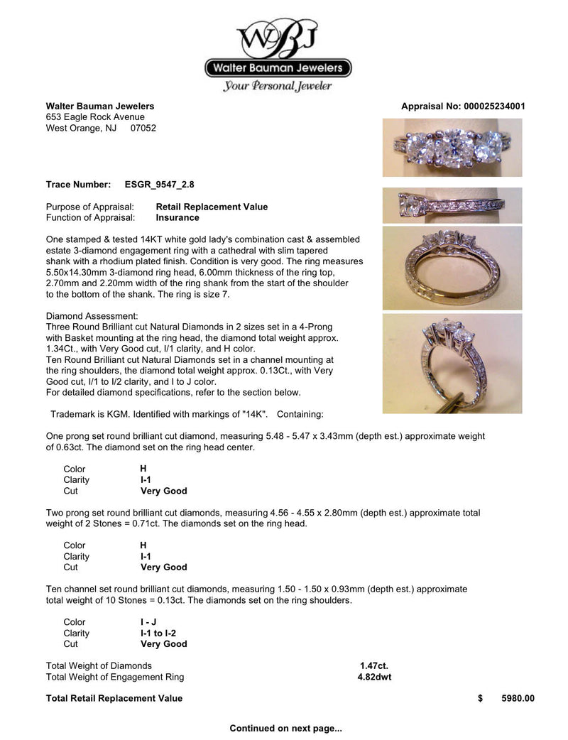 Estate 14K W Gold 1.47ctw H-J/I1-2 Diamond Eng. Ring