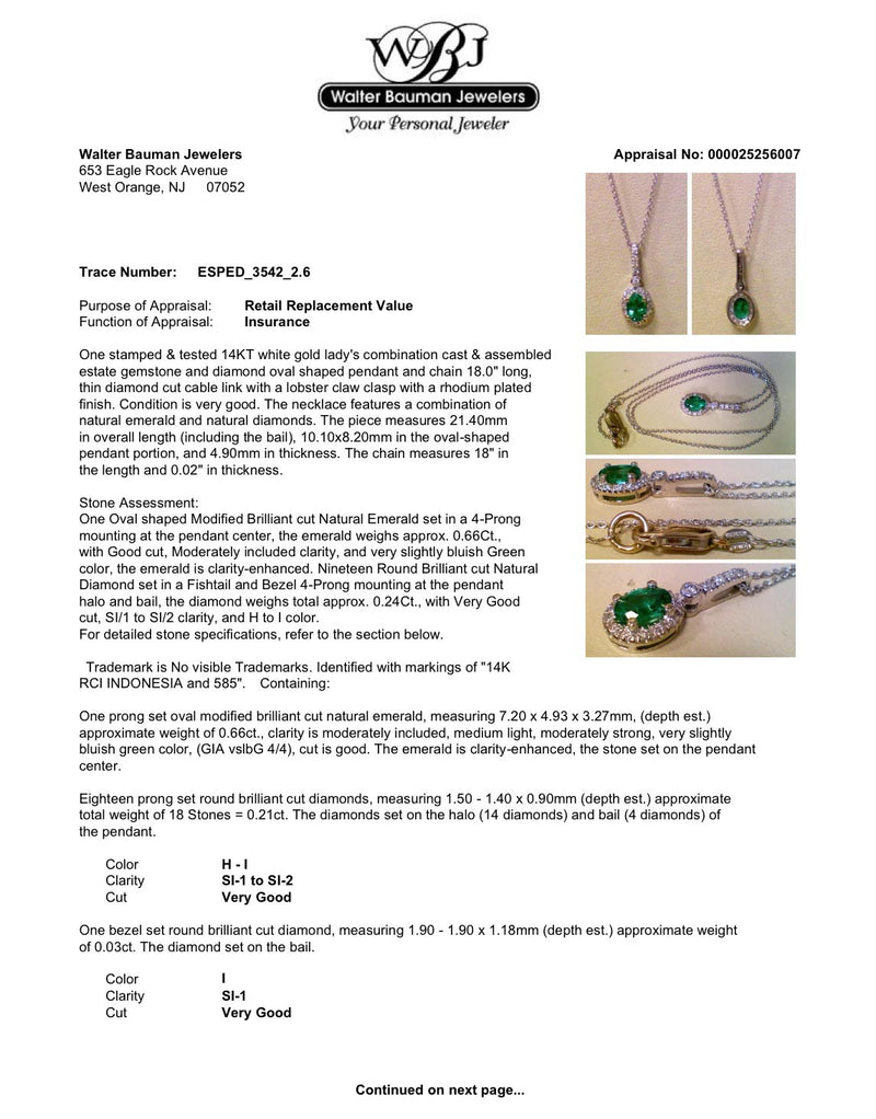 Estate 14K W Gold 0.66ct Emerald & 0.24ctw Diamond Pendant