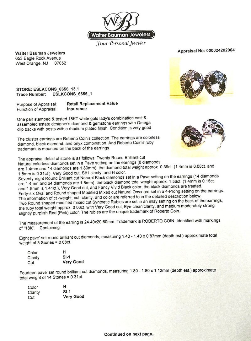 Estate Roberto Coin 18K W Gold 15.13ctw Onyx & Diamond Earrings