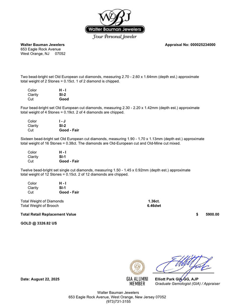 Estate Art Deco Platinum 1.36ctw H-K/SI1-2 Diamond Brooch