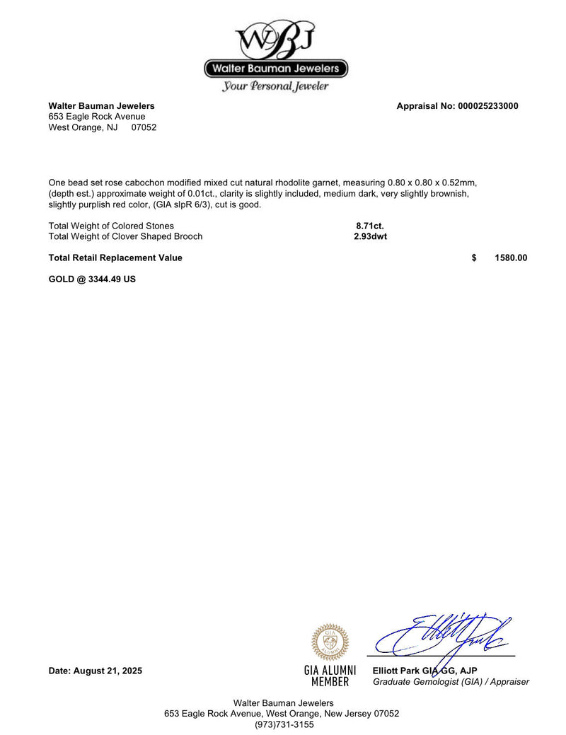 Estate Retro 14K R Gold 8.71 Garnet Clover Brooch