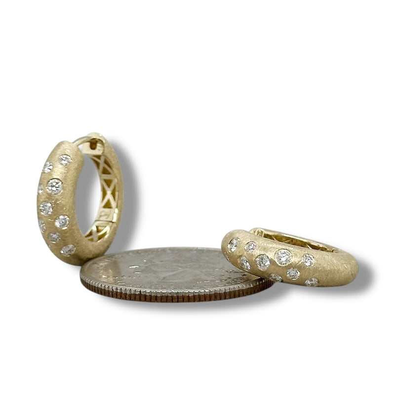 14K Y Gold 0.34ctw G/SI1 Brushed Finish Pave Set Diamond Hoop Earrings