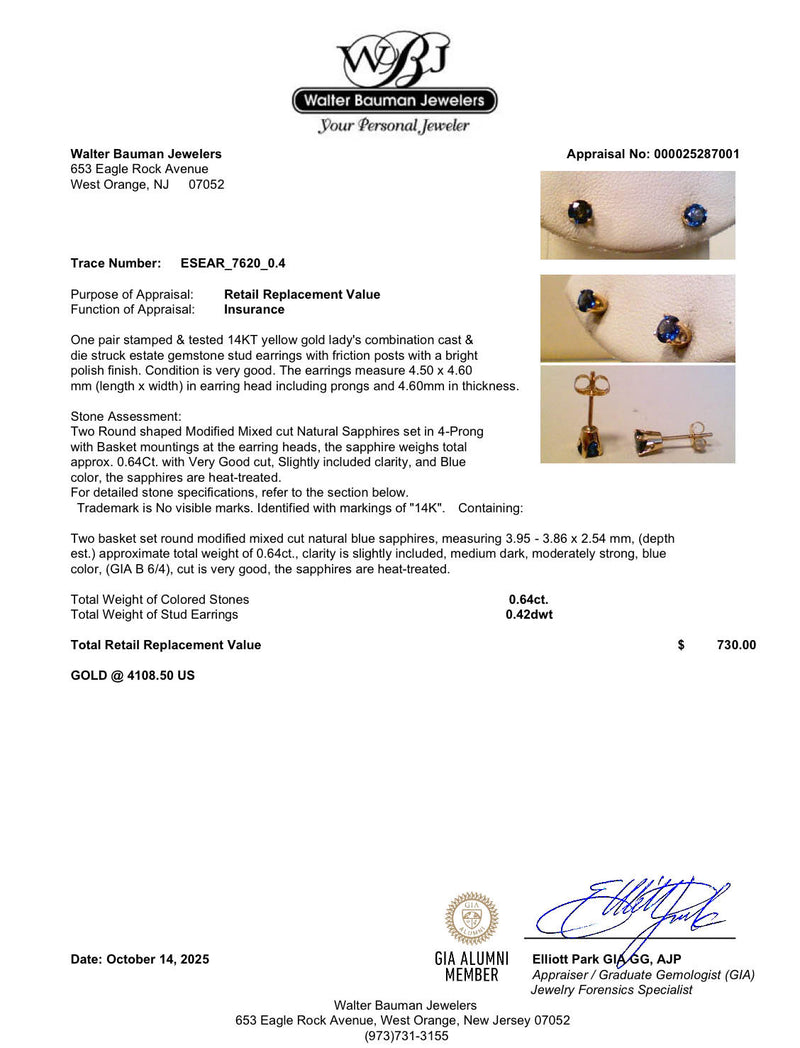 Estate 14K Y Gold 0.64ctw Sapphire Stud Earrings