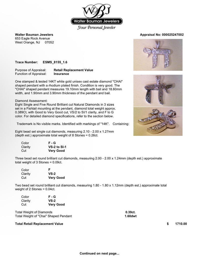 Estate 14K W Gold 0.39ctw Diamond Chai Pendant