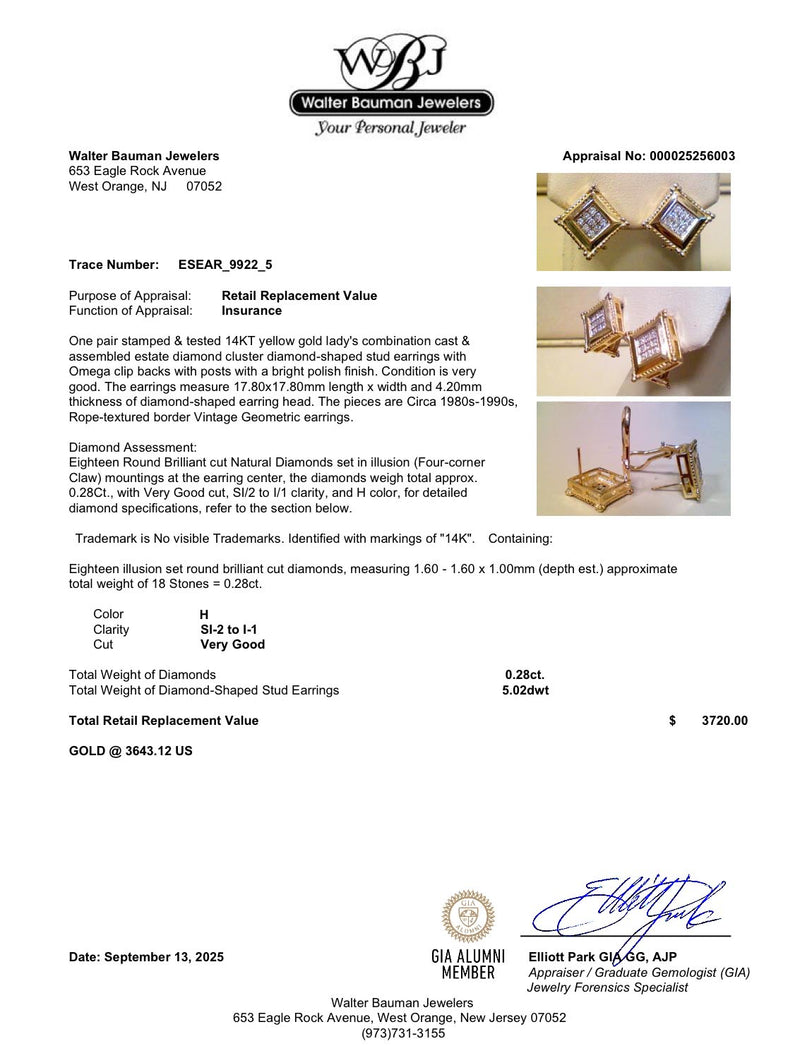 Estate 14K Y Gold 0.28ctw Diamond Square Earrings