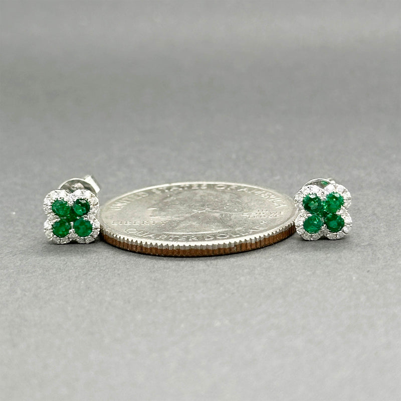 Estate 14K W Gold 0.34ctw Emerald & 0.11ctw Diamond Stud Earrings