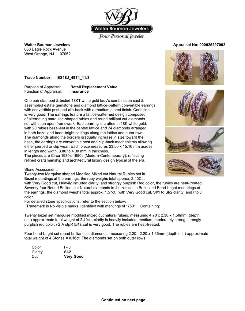 Estate 18K W Gold 2.40ctw Garnet & 1.57ctw Diamond Earrings