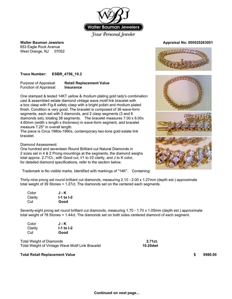 Estate 14K Y Gold 2.71ctw J-K/I1-2 Diamond S Link Bracelet