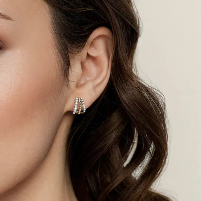 14K TT  Gold 0.34ctw G-H/SI2 Three Row Diamond J Hoop Beaded Earrings