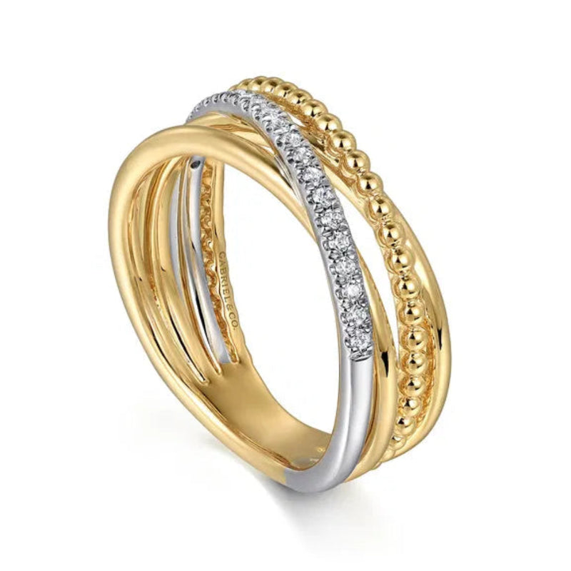 14K TT Gold 0.11ctw G-H/SI2 Beaded Diamond Criss Cross Ring