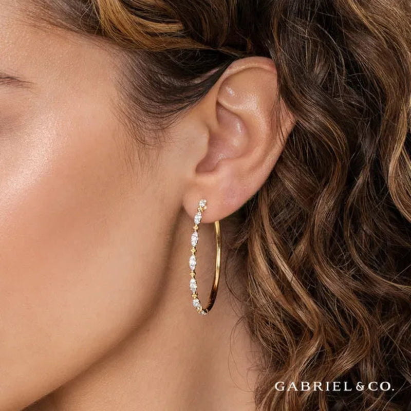 14K Y Gold 0.63ctw G/SI2 40mm Diamond Station Beaded Intricate Hoop Earrings