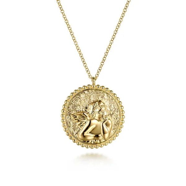 14K Y Gold 20mm Angel Pendant with Beaded Frame