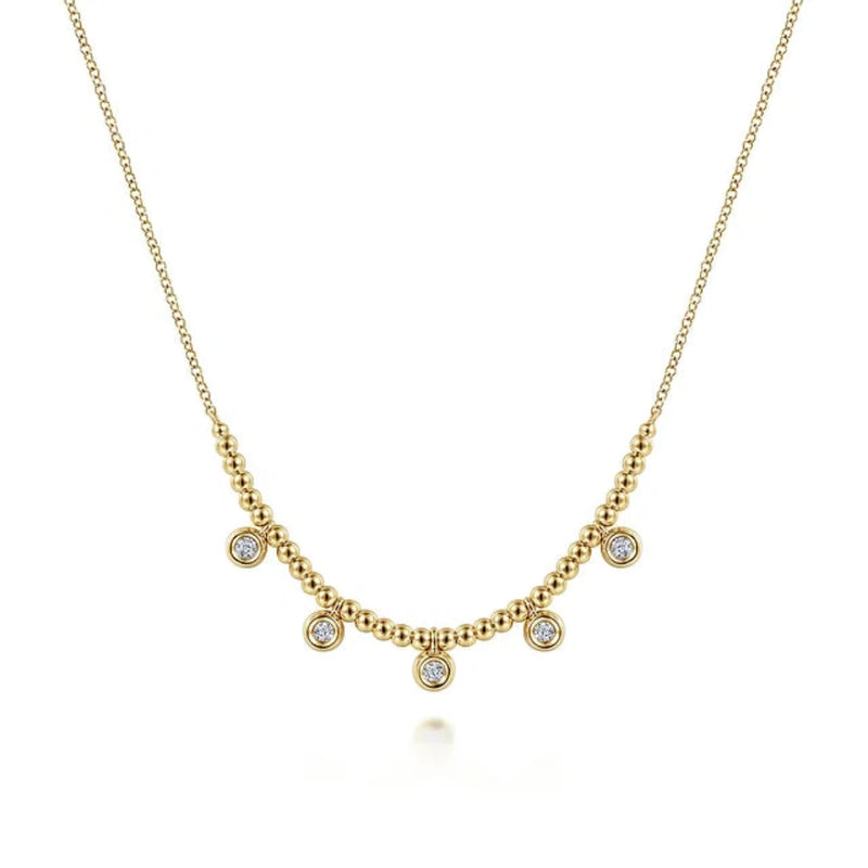 14K Y Gold Beaded Necklace with Diamond 0.15ctw Diamond Drops