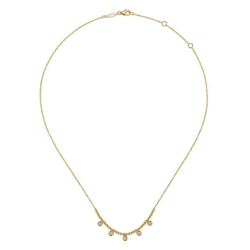 14K Y Gold Beaded Necklace with Diamond 0.15ctw Diamond Drops