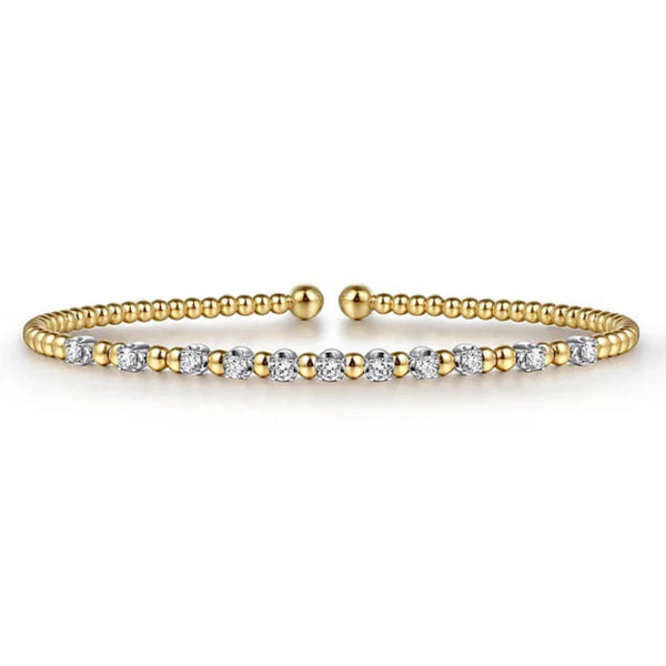 14K Y Gold 0.40cttw Bead Split Cuff Bracelet with Diamond Stations