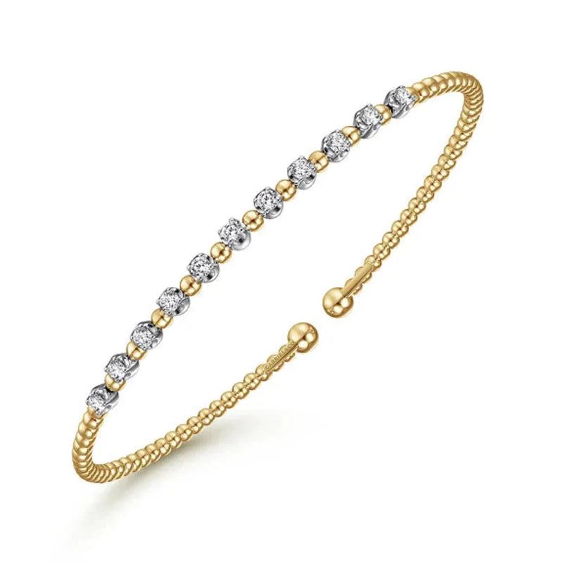 14K Y Gold 0.40cttw Bead Split Cuff Bracelet with Diamond Stations