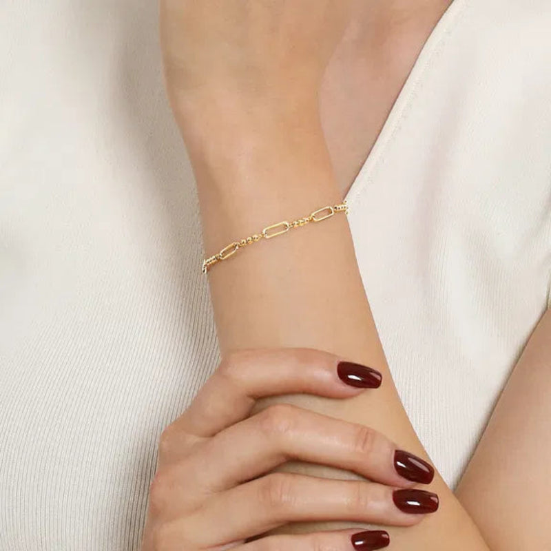 14K Y Gold 7" Beaded and Paperclip Link Bracelet