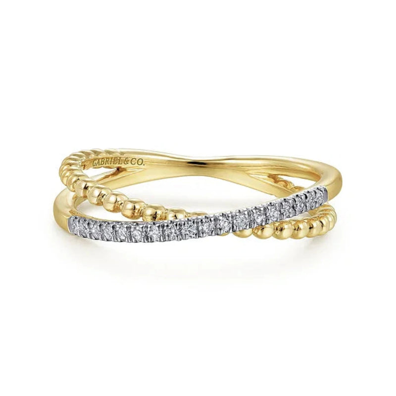 14K Y Gold 0.10ctw Pave Diamond Beaded Crossover Ring