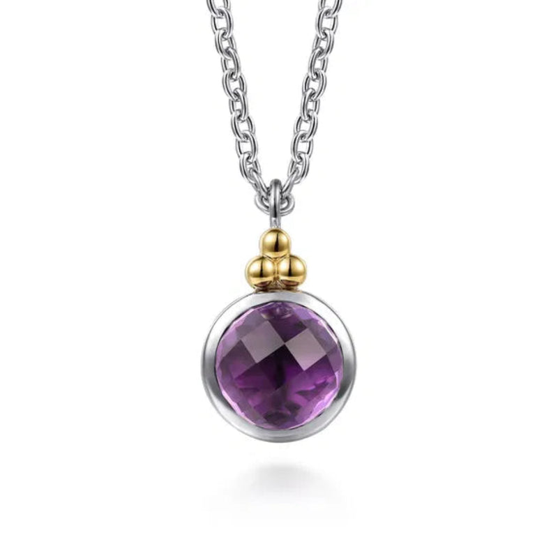 SS 14 Y Gold 7.61ct 11mm Round Faceted Amethyst Pendant
