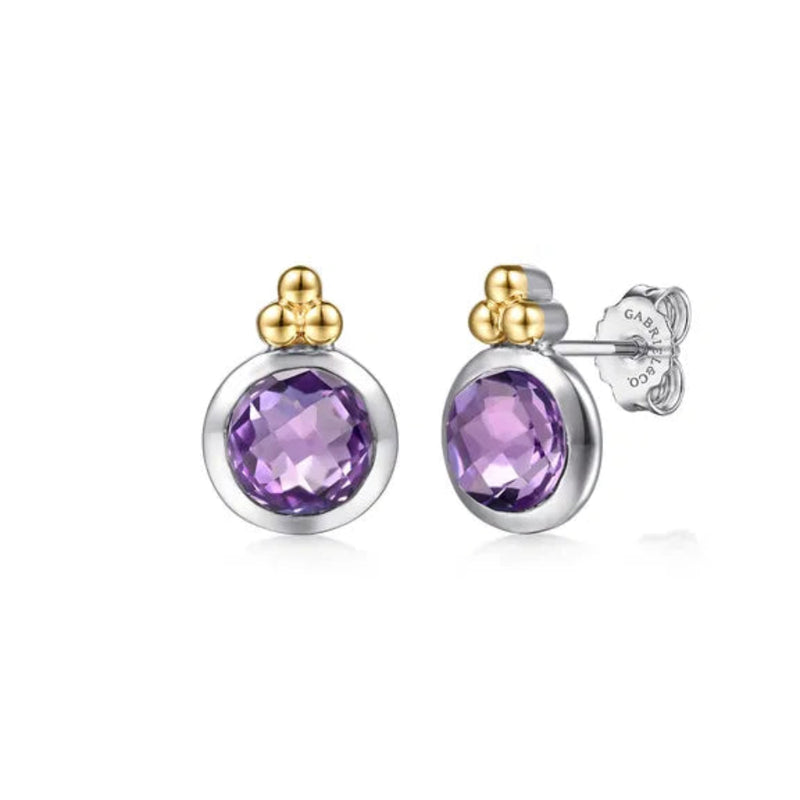 SS 14 Y Gold 4.95ctw 7mm Round Faceted Amethyst Stud Earrings