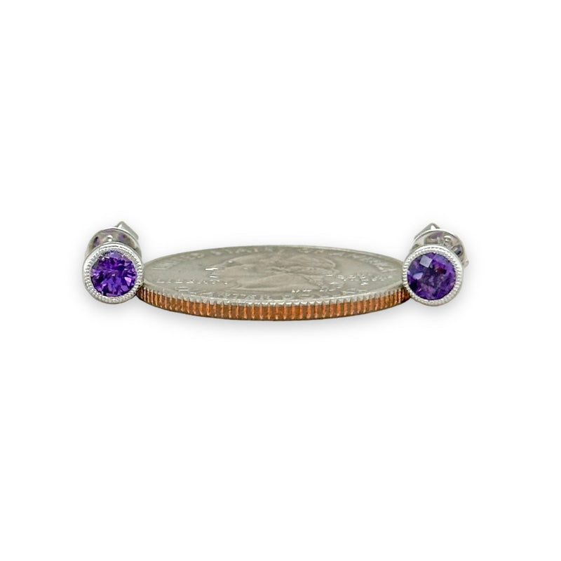 14K W Gold 0.48ctw 5mm Bezel Set Round Amethyst Earrings - Walter Bauman Jewelers