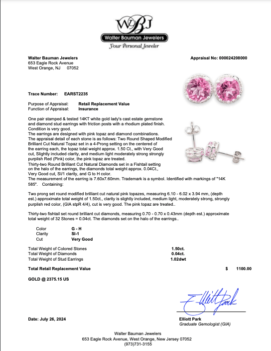 14K W Gold 1.5cttw Pink Topaz & 0.04cttw SI1/G - H Diamond Halo Stud Earrings - Walter Bauman Jewelers