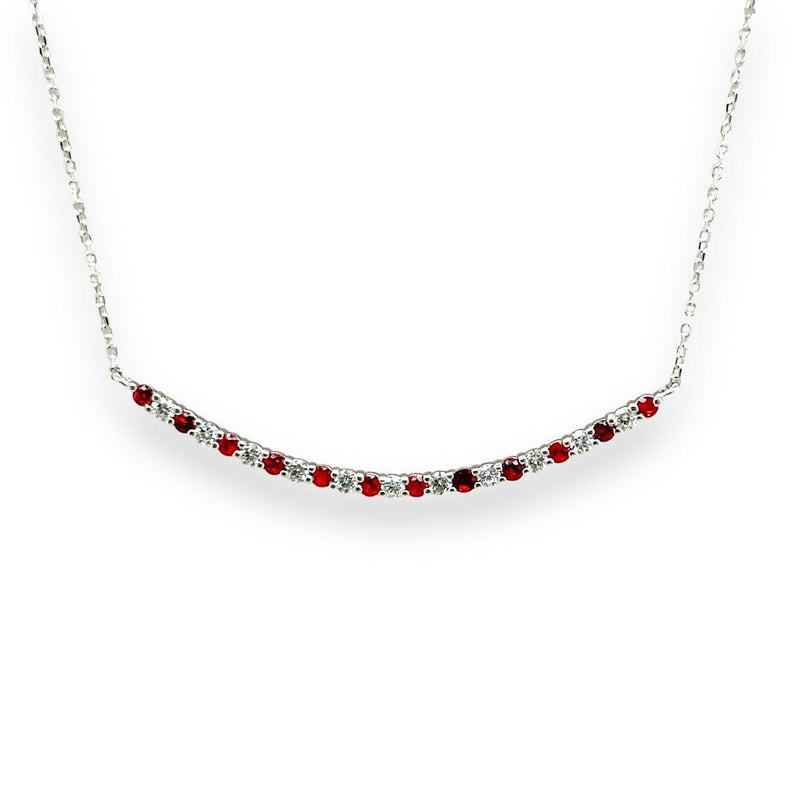 14K W Gold 16" 0.28ctw Diamond and 0.40ctw Rubies Curved Bar Necklace - Walter Bauman Jewelers