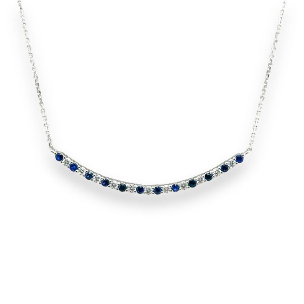 14K W Gold 16" 0.28ctw Diamond and 0.40ctw Sapphire Curved Bar Necklace - Walter Bauman Jewelers