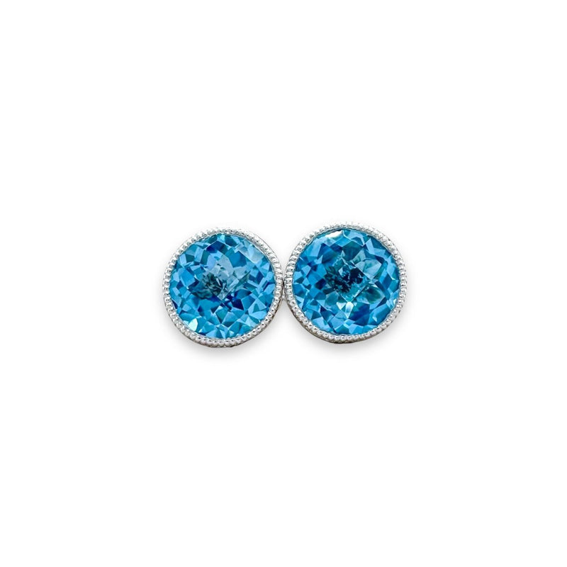 14K W Gold 1.91ctw 6.5mm Bezel Set Round Blue Topaz Earrings - Walter Bauman Jewelers